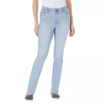 Женщина в женских джинсах больших размеров с миниатюрными секретными решениями, сглаживающих животик, прямых джинсах Woman Within, цвет Light Wash Sanded