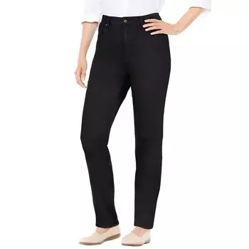 Женщина в женских джинсах прямого кроя размера плюс Petite Comfort Curve Woman Within, цвет Black Denim