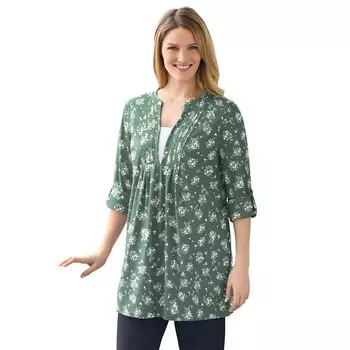 Женщина в женской 7-дневной тунике больших размеров с разрезом на шее Woman Within, цвет Pine Ditsy Bouquet
