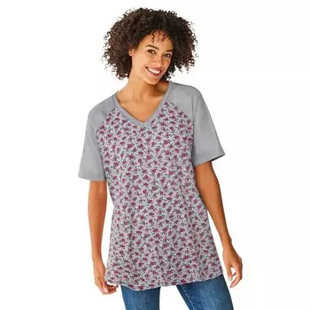 Женщина в женской бейсбольной футболке больших размеров с v-образным вырезом и рукавами до локтя Woman Within, цвет Heather Grey Ditsy