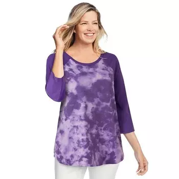 Женщина в женской бейсбольной футболке больших размеров с рукавом три четверти Woman Within, цвет Radiant Purple Tie Dye