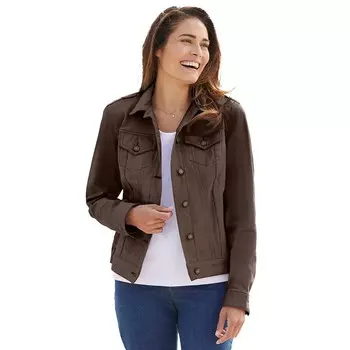 Женщина в женской джинсовой куртке из эластичного денима больших размеров Woman Within, цвет Chocolate
