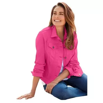 Женщина в женской джинсовой куртке из эластичного денима больших размеров Woman Within, цвет Raspberry Sorbet