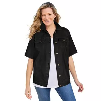 Женщина в женской джинсовой куртке с короткими рукавами больших размеров Woman Within, черный