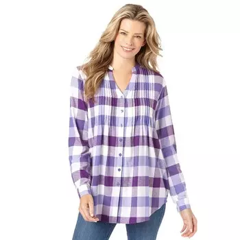 Женщина в женской фланелевой рубашке больших размеров с защипами Woman Within, цвет Purple Plaid