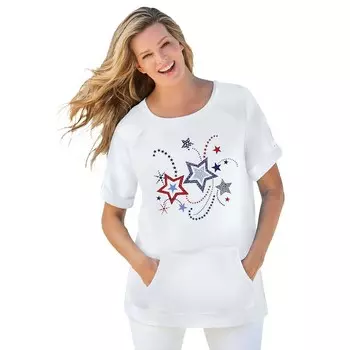 Женщина в женской футболке больших размеров Americana с карманом-кенгуру Woman Within, цвет White Firework Stars