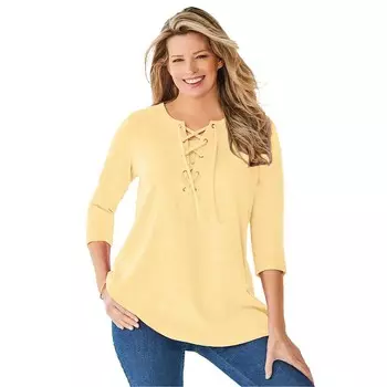 Женщина в женской футболке больших размеров на шнуровке с рукавами три четверти Woman Within, цвет Banana