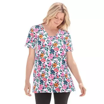Женщина в женской футболке больших размеров с идеальным принтом и короткими рукавами и v-образным вырезом Woman Within, цвет White Multi Garden
