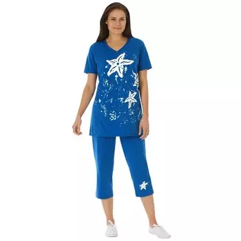 Женщина в женской футболке и капри больших размеров с морской звездой Woman Within, цвет Bright Cobalt Starfish