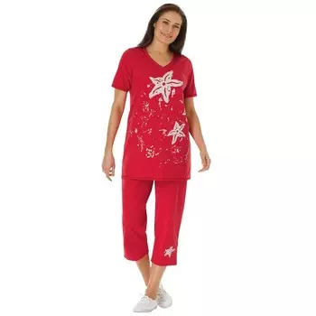 Женщина в женской футболке и капри больших размеров с морской звездой Woman Within, цвет Vivid Red Starfish