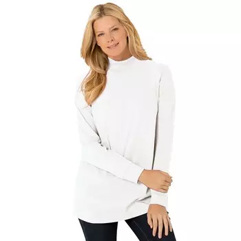 Женщина в женской идеальной футболке больших размеров с длинными рукавами и воротником-стойкой Woman Within, белый