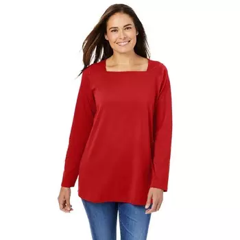 Женщина в женской идеальной футболке больших размеров с квадратным вырезом и длинными рукавами Woman Within, цвет Classic Red