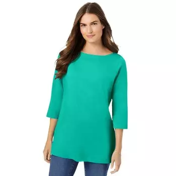Женщина в женской идеальной футболке больших размеров с коротким рукавом три четверти Woman Within, цвет Pretty Jade