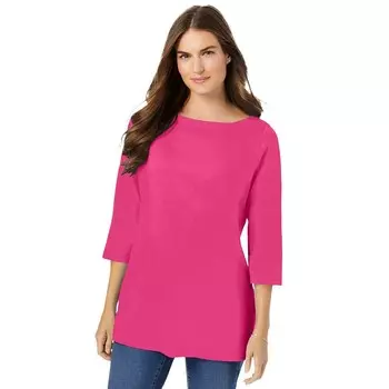 Женщина в женской идеальной футболке больших размеров с коротким рукавом три четверти Woman Within, цвет Raspberry Sorbet