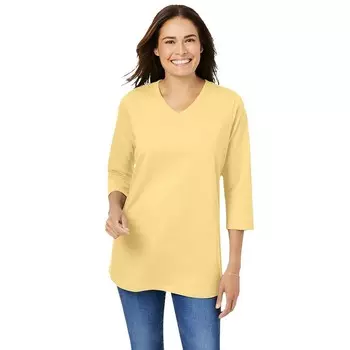Женщина в женской идеальной футболке с v-образным вырезом и рукавами три четверти больших размеров Woman Within, цвет Banana