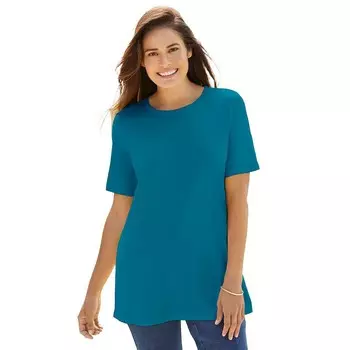 Женщина в женской идеальной футболке с круглым вырезом с короткими рукавами больших размеров Woman Within, цвет Deep Teal