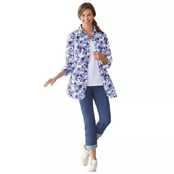 Женщина в женской идеальной рубашке с длинным рукавом больших размеров Woman Within, цвет Ultra Blue Shadow Flor