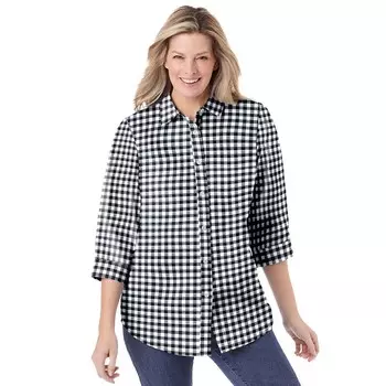 Женщина в женской идеальной рубашке с рукавом три четверти больших размеров Woman Within, цвет Black Gingham