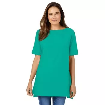 Женщина в женской идеальной тунике больших размеров с короткими рукавами и вырезом «лодочкой» Woman Within, цвет Pretty Jade
