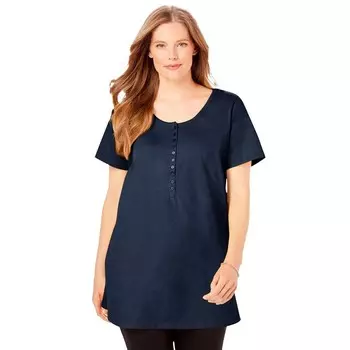Женщина в женской идеальной тунике Henley с короткими рукавами и круглым вырезом больших размеров Woman Within, темно-синий