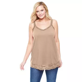 Женщина в женской майке больших размеров с v-образным вырезом и кружевной отделкой Woman Within, цвет New Khaki