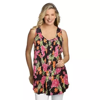 Женщина в женской марлевой рубашке без рукавов с защипами больших размеров Woman Within, цвет Black Multi Fun Floral