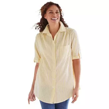 Женщина в женской рубашке из хлопчатобумажной ткани на пуговицах с короткими рукавами больших размеров размера плюс Woman Within, цвет Primrose Yellow Pop