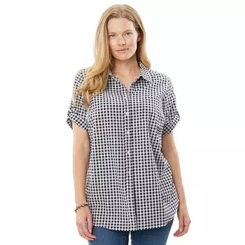 Женщина в женской рубашке из жатого хлопка на пуговицах больших размеров с короткими рукавами Woman Within, цвет Black Gingham