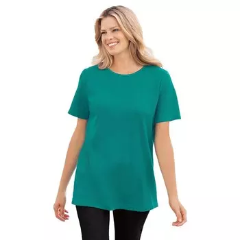 Женщина в женской термостойкой футболке с короткими рукавами и атласной отделкой больших размеров Woman Within, цвет Waterfall