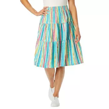 Женщина в женской трикотажной многоуровневой юбке больших размеров с эластичной резинкой на талии Woman Within, цвет White Multi Watercolor