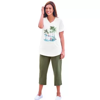 Женщина в женской тунике больших размеров из двух частей с v-образным вырезом и капри Woman Within, цвет Dark Olive Green Palms