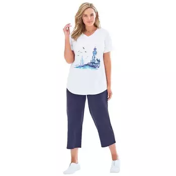 Женщина в женской тунике больших размеров из двух частей с v-образным вырезом и капри Woman Within, цвет Navy Seaside