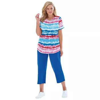 Женщина в женской тунике больших размеров из двух частей с v-образным вырезом и капри Woman Within, цвет Paradise Blue Multi