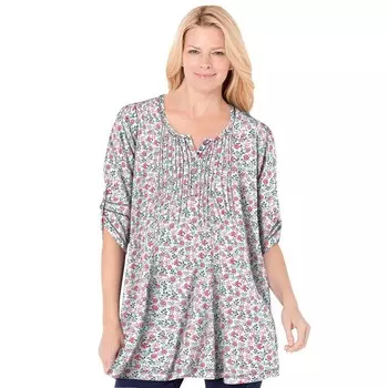 Женщина в женской тунике больших размеров на 7 дней с рукавами три четверти и защипами на пуговицах Woman Within, цвет Ivory Flower Garden