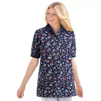 Женщина в женской тунике-поло больших размеров с рукавами до локтя Woman Within, цвет Navy Graphic Bloom