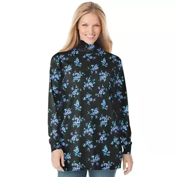 Женщина в женской водолазке с длинными рукавами и идеальным принтом больших размеров Woman Within, цвет Blue Rose Ditsy