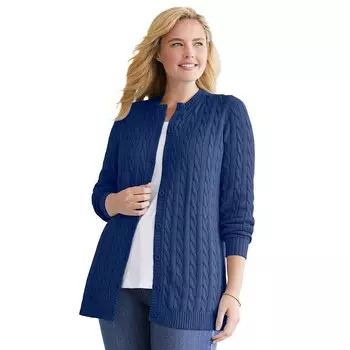 Женщина в женском хлопковом вязаном кардигане большого размера больших размеров Woman Within, цвет Evening Blue