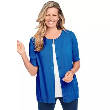 Женщина в женском идеальном кардигане с рукавами до локтя больших размеров Woman Within, цвет Bright Cobalt