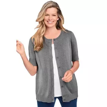 Женщина в женском идеальном кардигане с рукавами до локтя больших размеров Woman Within, цвет Medium Heather Grey