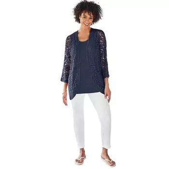 Женщина в женском кардигане-пуантелле с изогнутым подолом больших размеров Woman Within, темно-синий