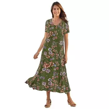 Женщина в женском мятом платье больших размеров с короткими рукавами Woman Within, цвет Dark Basil Floral