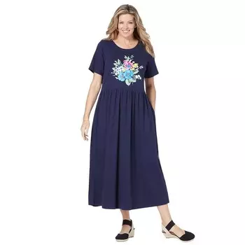 Женщина в женском платье больших размеров с короткими рукавами и ампирной талией Woman Within, цвет Navy Spring Bouquet