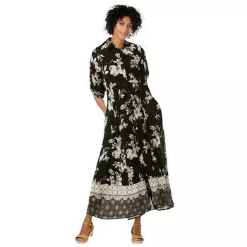 Женщина в женском платье-рубашке больших размеров с жатыми рукавами и язычками Woman Within, цвет Black Bloom Flower