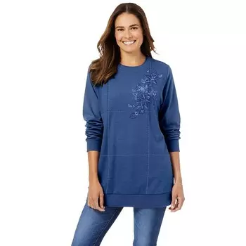 Женщина в женском топе больших размеров с вышивкой в стиле пэчворк Woman Within, цвет Royal Navy Pretty