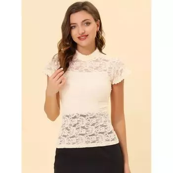 Женская элегантная кружевная блузка с цветочным принтом и коротким рукавом с вырезом на спине, полупрозрачный топ ALLEGRA K, белый
