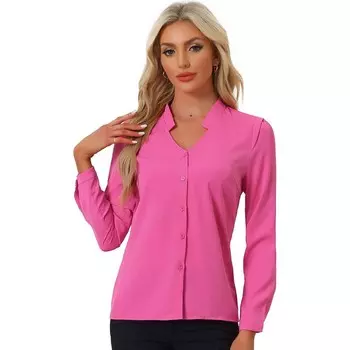 Женская элегантная рубашка на пуговицах с V-образным вырезом и длинными рукавами ALLEGRA K, цвет Fuchsia