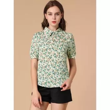 Женская элегантная рубашка с отложным воротником, летняя винтажная блузка с пышными рукавами и цветочным принтом ALLEGRA K, бежевый