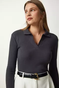 Женская антрацитовая трикотажная блузка с воротником-поло в рубчик Happiness stanbul, серый