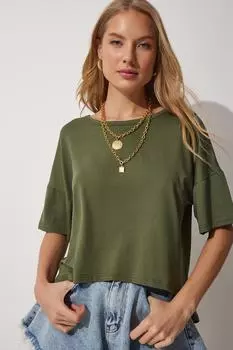 Женская асимметричная вискозная трикотажная блузка цвета хаки с вырезом лодочкой Happiness stanbul