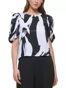 Женская атласная блузка с пышными рукавами DKNY, цвет White/Black Multi